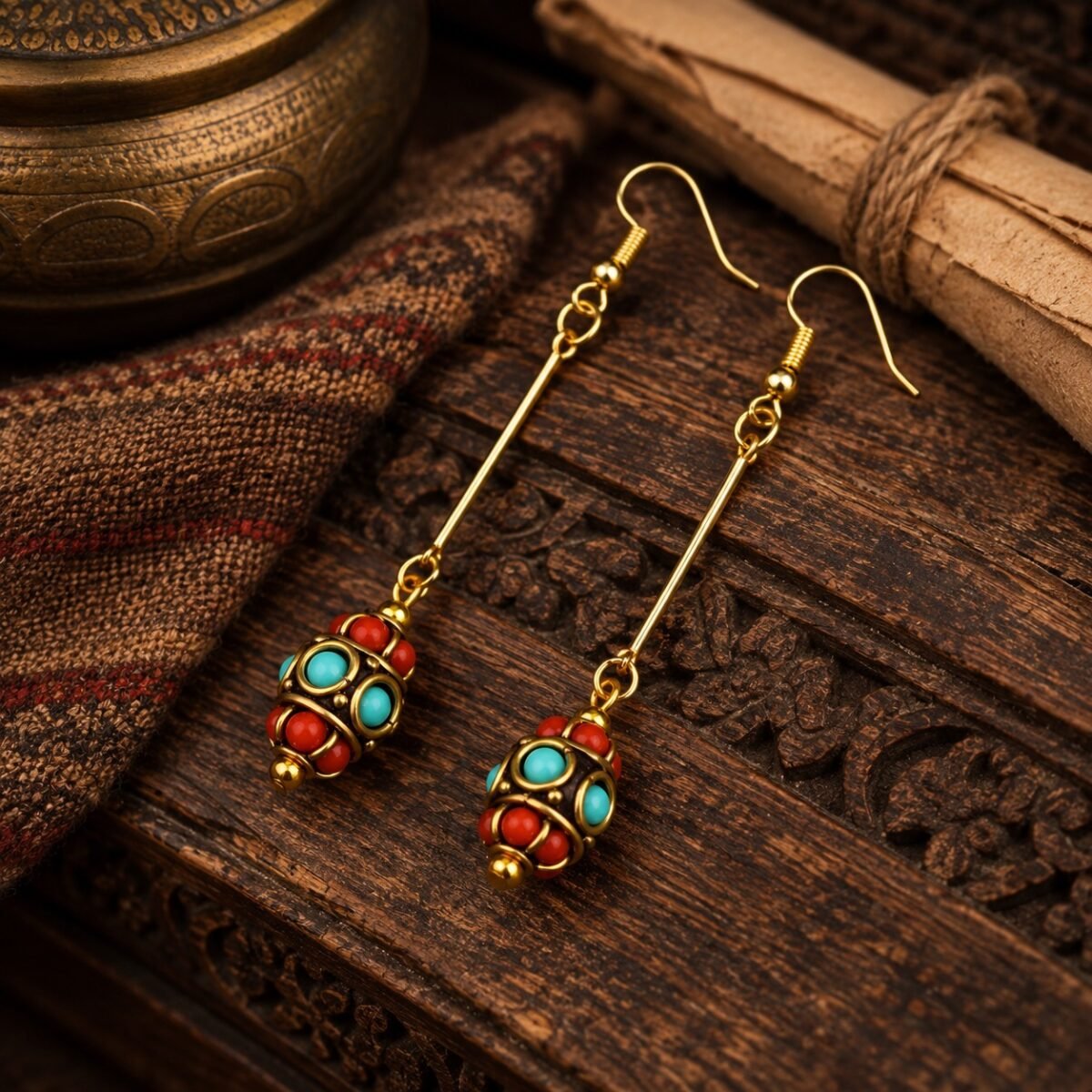 Tibetan Barrel Bead Drop Earrings