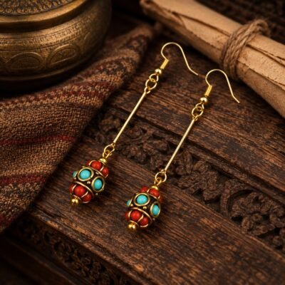 Tibetan Barrel Bead Drop Earrings