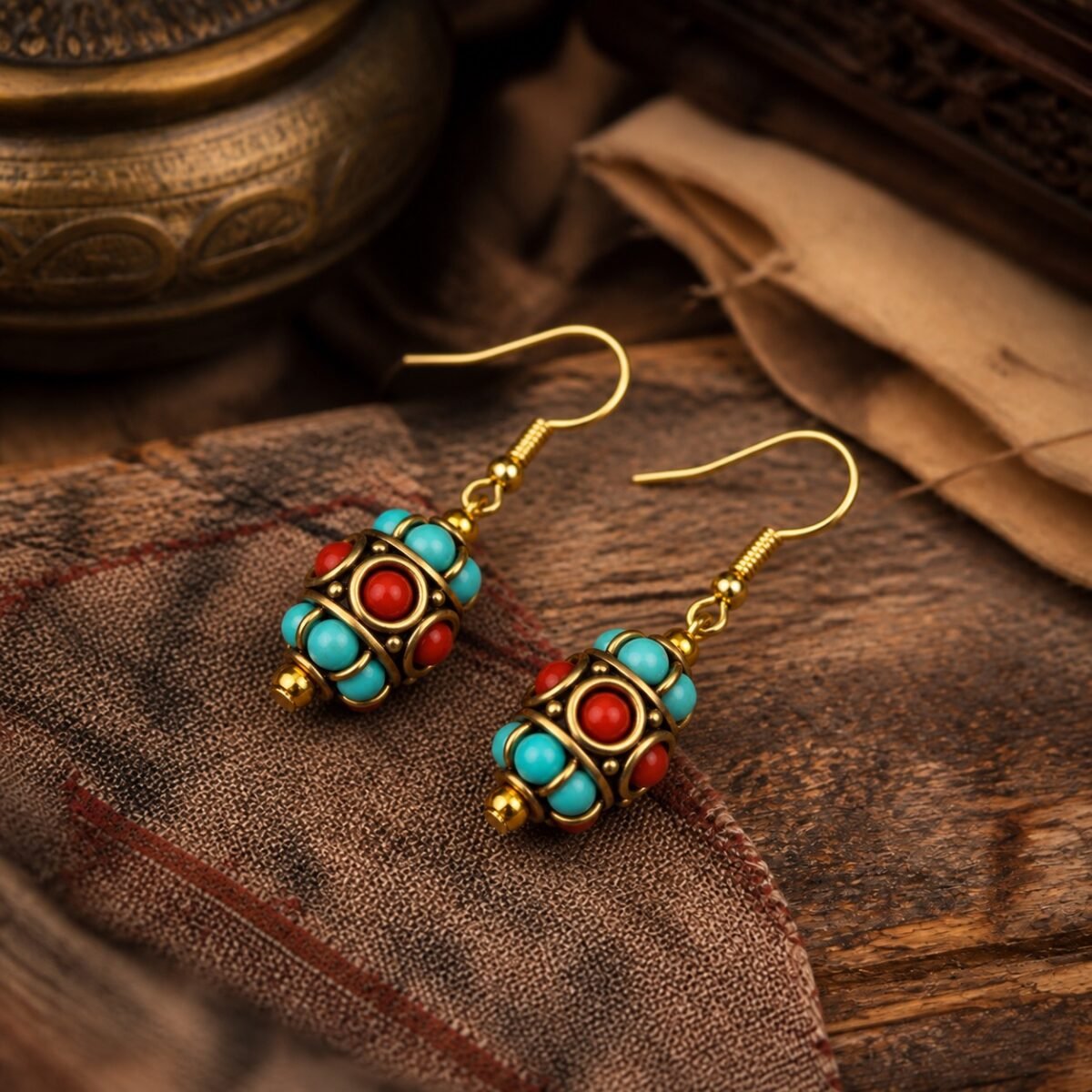 Tibetan Barrel Bead Drop Earrings