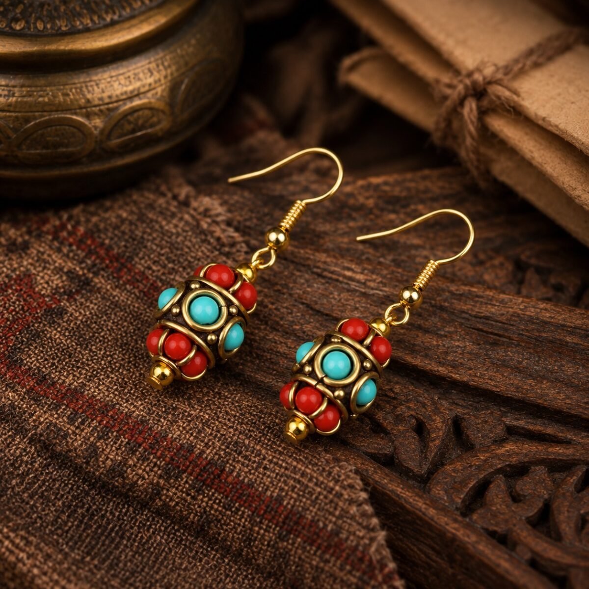 Tibetan Barrel Bead Drop Earrings