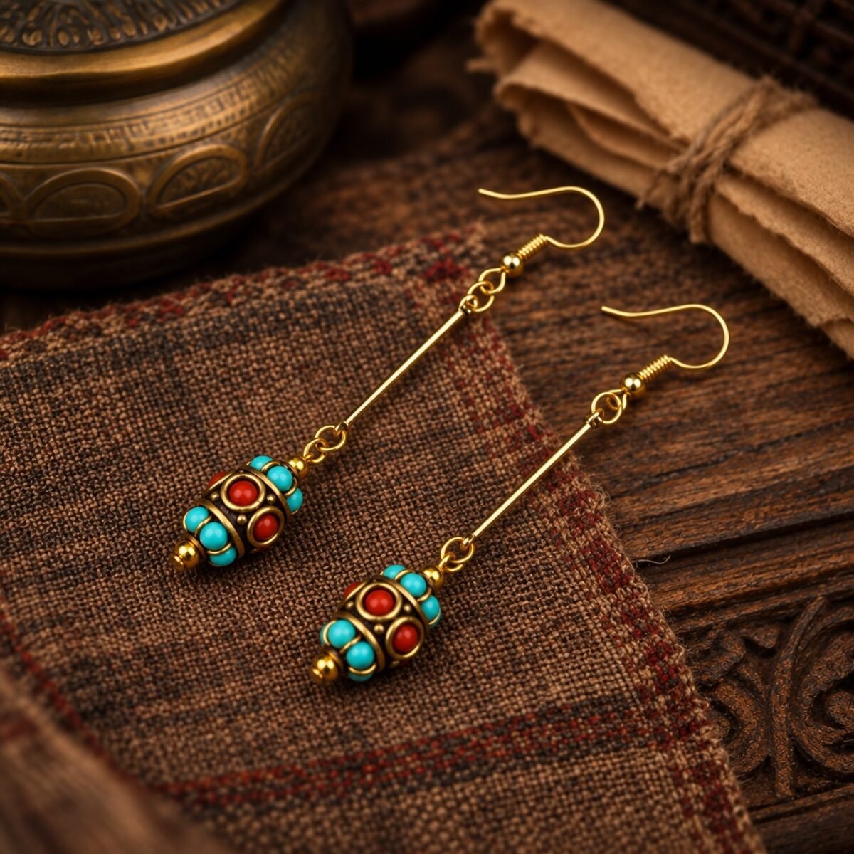 Tibetan Barrel Bead Drop Earrings