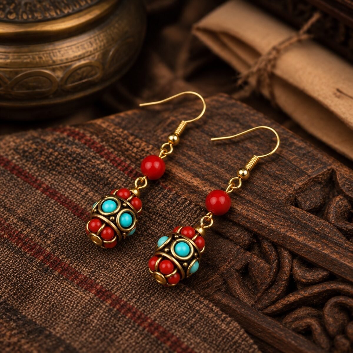 Tibetan Barrel Bead Drop Earrings