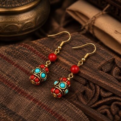 Tibetan Barrel Bead Drop Earrings