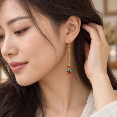Tibetan Barrel Bead Drop Earrings