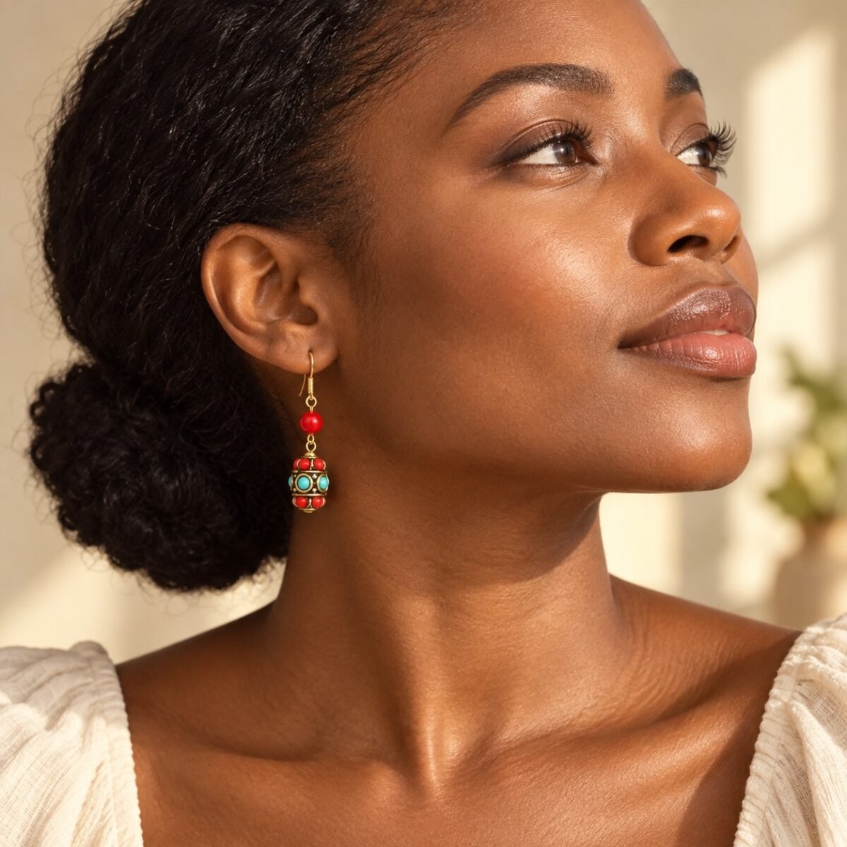 Tibetan Barrel Bead Drop Earrings