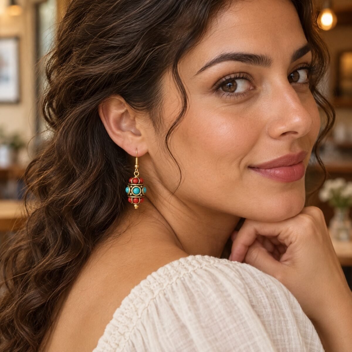 Tibetan Barrel Bead Drop Earrings