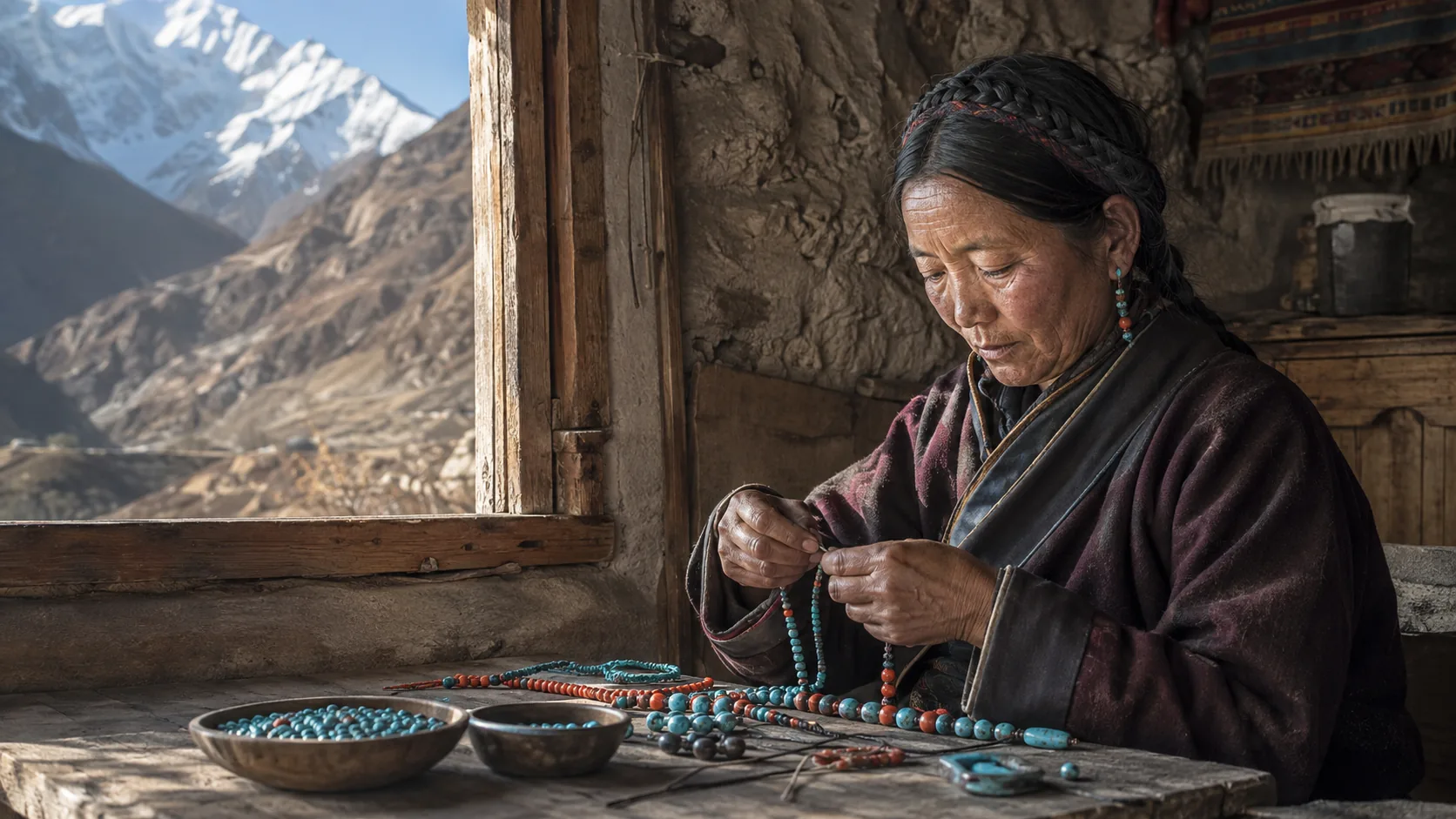 Editorial illustration of a Tibetan woman stringing beads in a mountain home