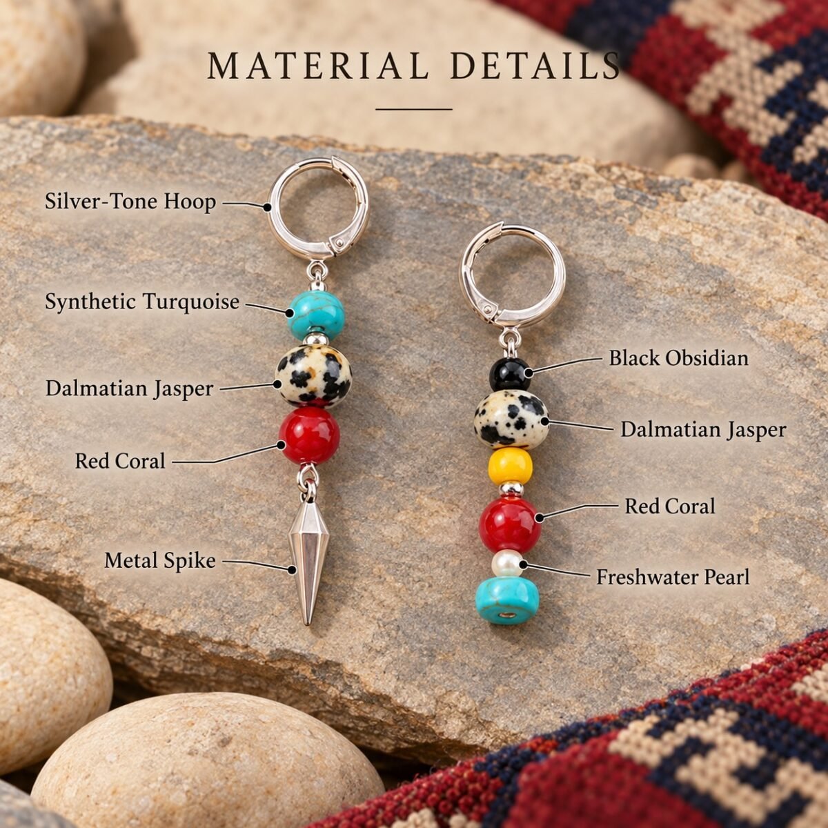 Tibetan Dalmatian Jasper & Coral Hoop Earrings