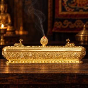 Tibetan Deer Mantra Incense Burner - Gold, Medium
