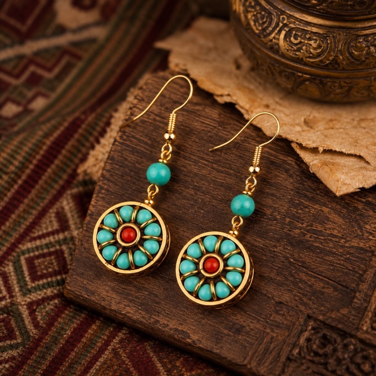 Tibetan Floral Medallion Drop Earrings