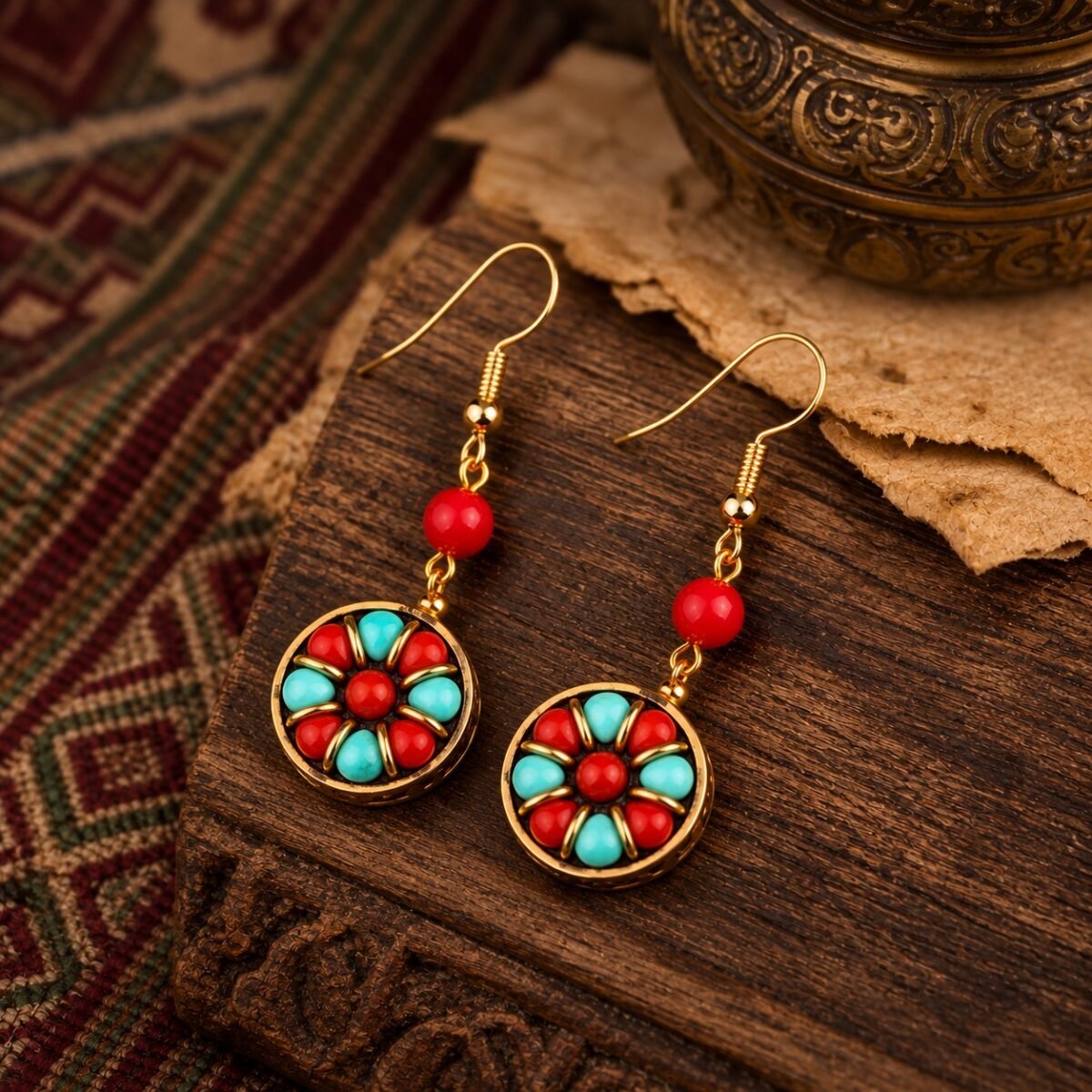 Tibetan Floral Medallion Drop Earrings