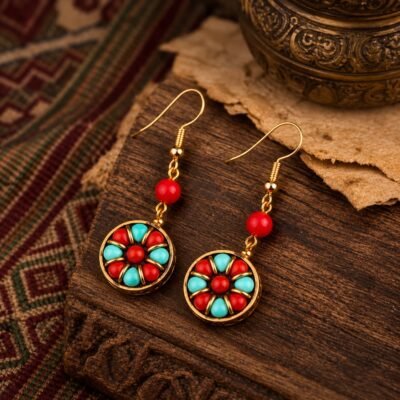 Tibetan Floral Medallion Drop Earrings