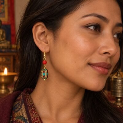 tibetan-long-bar-barrel-drop-earrings-06-worn-red-barrel Tibetan Long Bar Barrel Drop Earrings