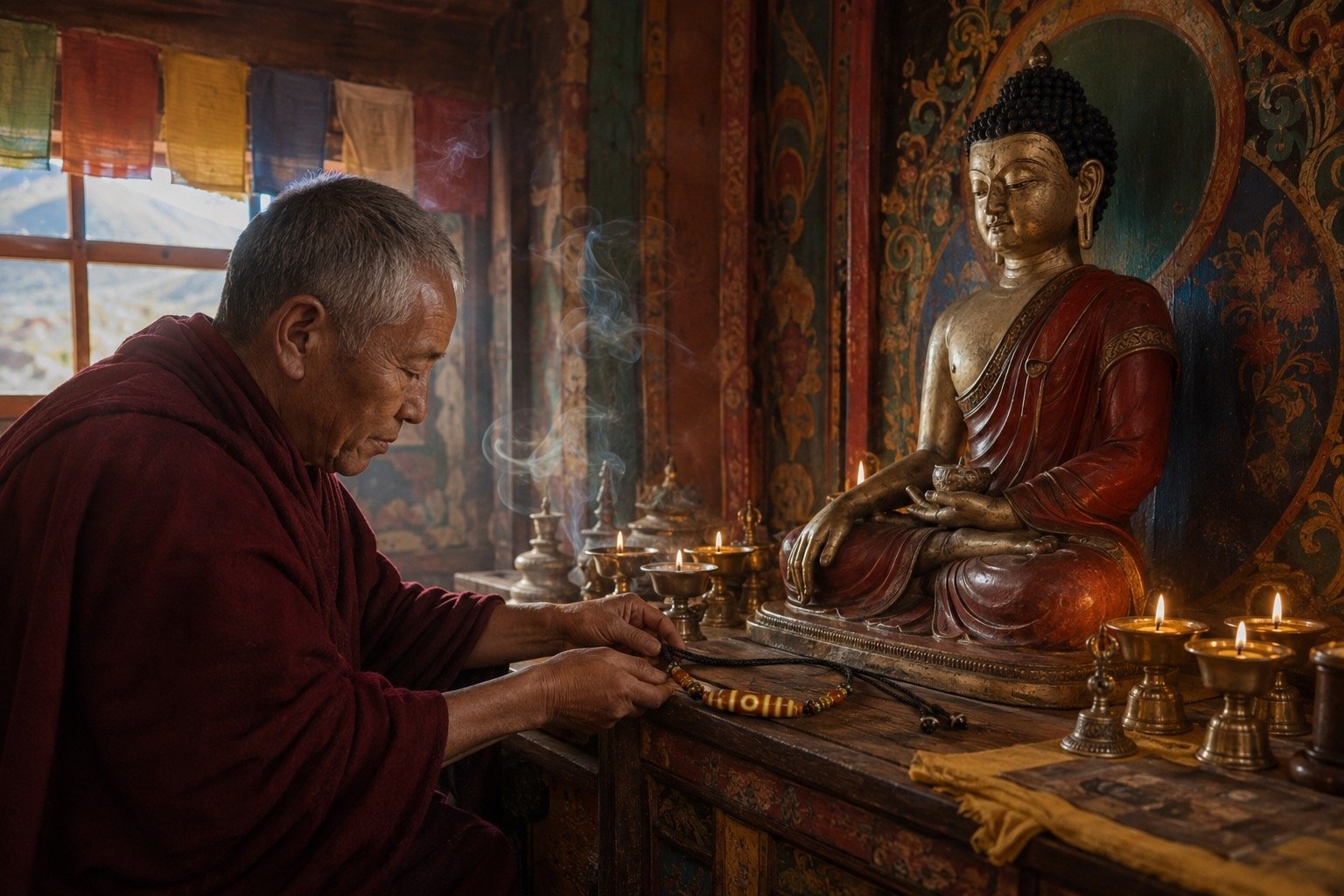 Tibetan Buddhist monk offering an intact Dzi necklace before a Buddha shrine