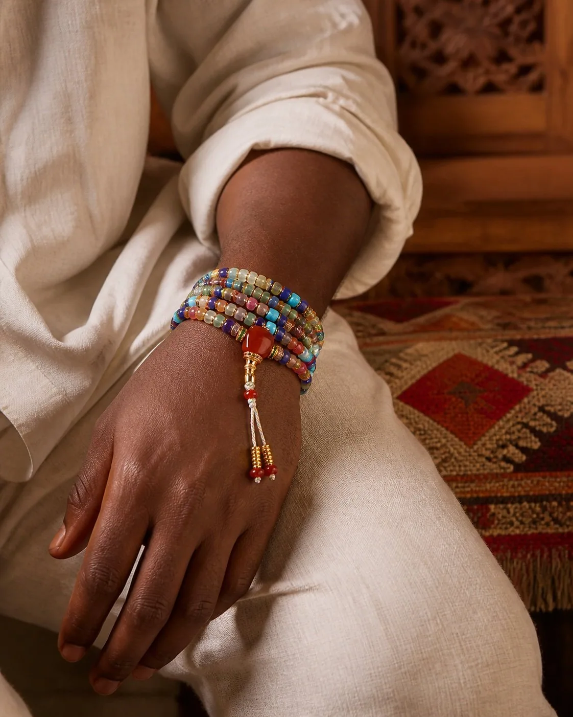Tibetan multigemstone triple-wrap prayer bracelet