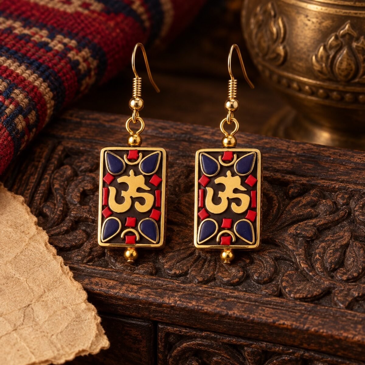 tibetan-om-rectangular-inlay-earrings-04-main Tibetan Om Rectangular Inlay Earrings