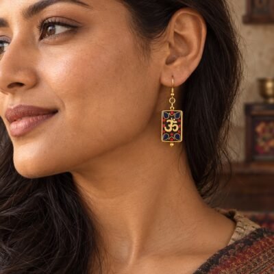 tibetan-om-rectangular-inlay-earrings-05-worn Tibetan Om Rectangular Inlay Earrings
