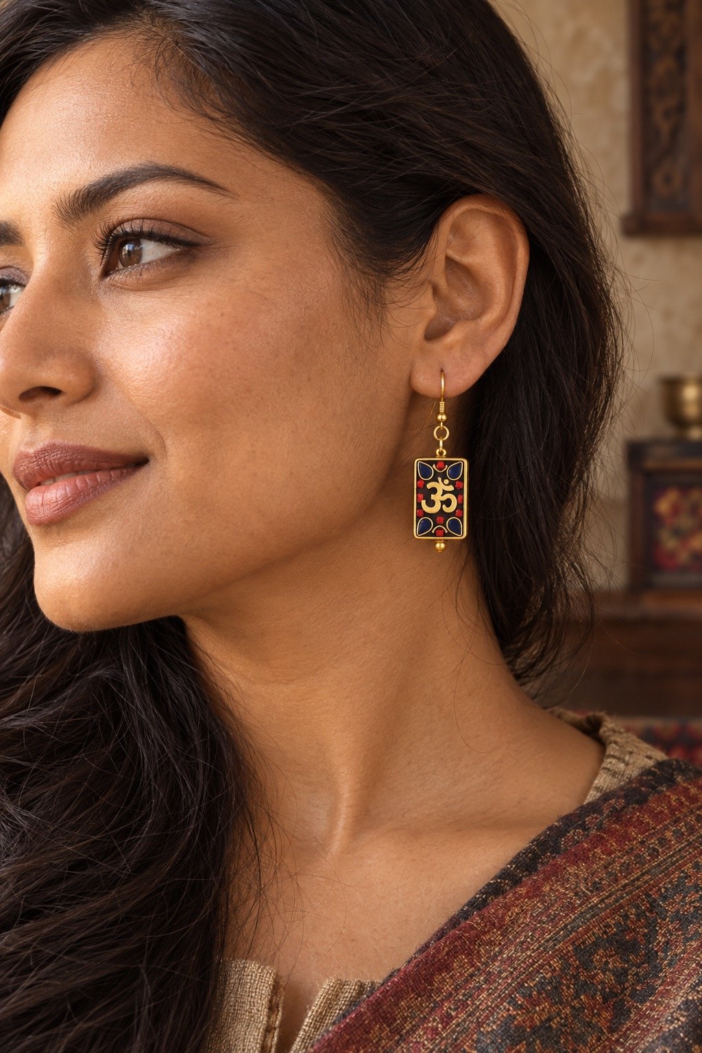 tibetan-om-rectangular-inlay-earrings-05-worn Tibetan Om Rectangular Inlay Earrings