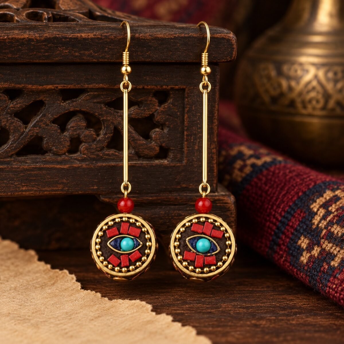 Tibetan Round Disc Long Drop Earrings