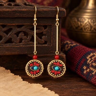 Tibetan Round Disc Long Drop Earrings