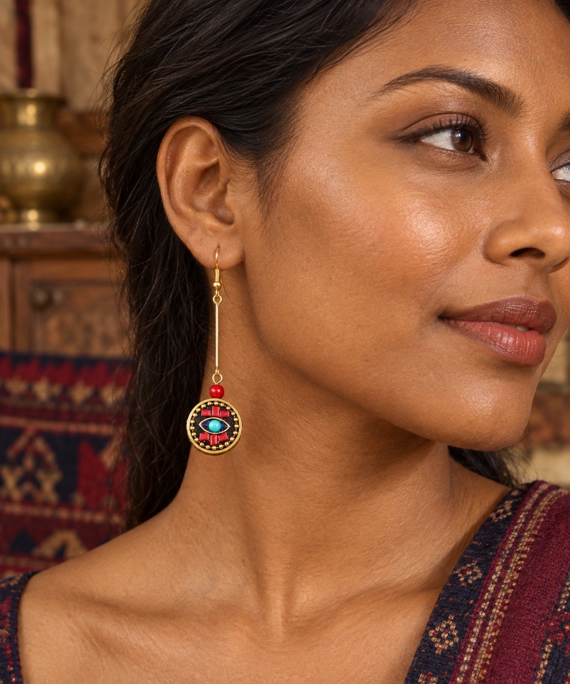 Tibetan Round Disc Long Drop Earrings