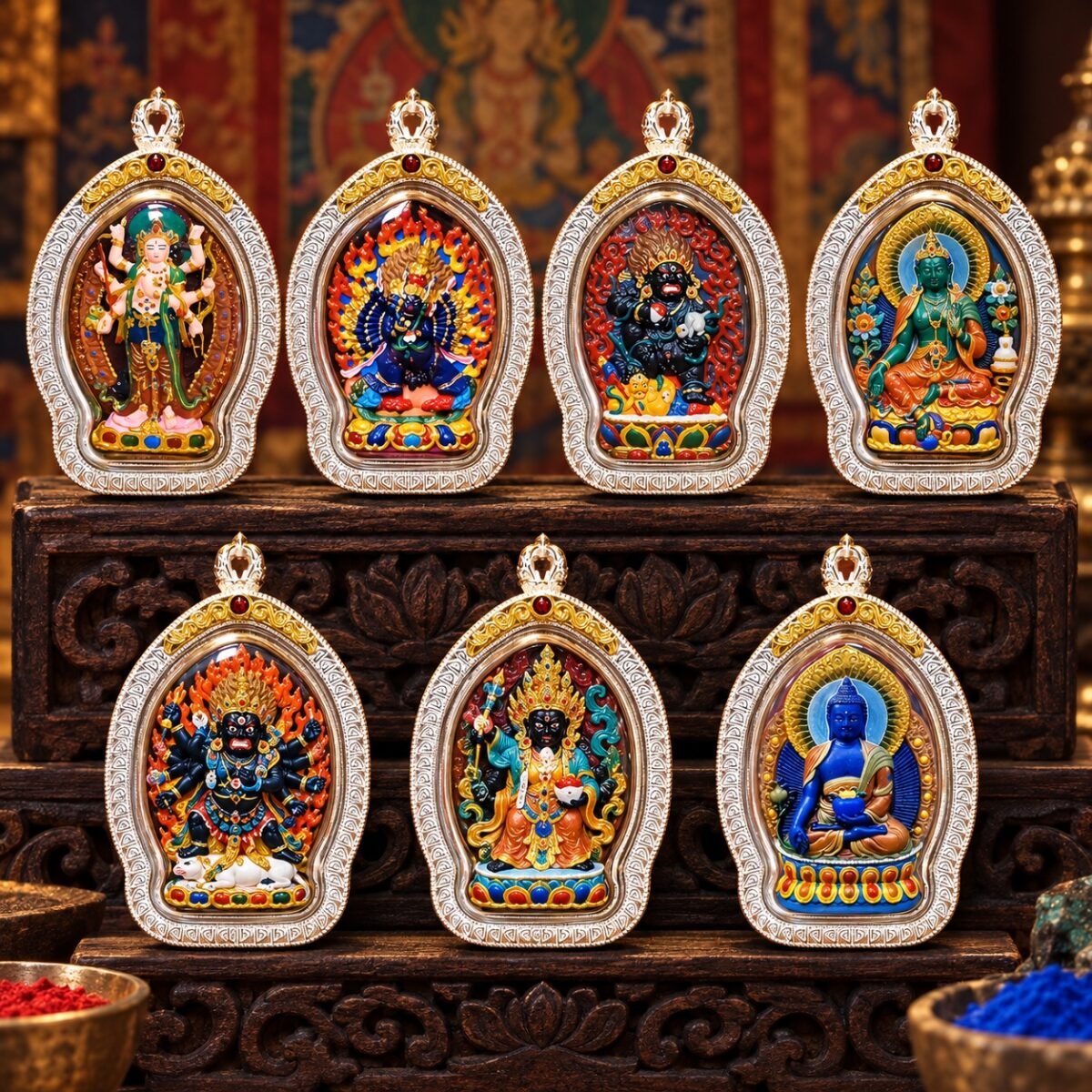 Tibetan Hand-Painted Ghau Pendant — 7 Sacred Motifs