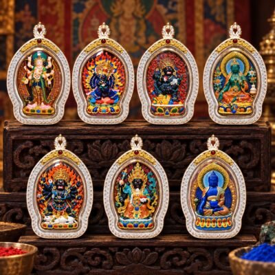 Tibetan Hand-Painted Ghau Pendant — 7 Sacred Motifs