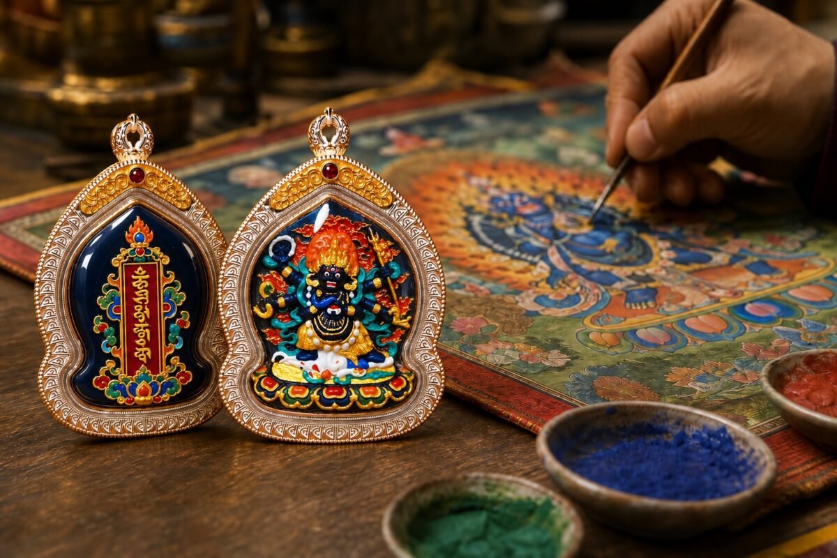 Tibetan Hand-Painted Ghau Pendant — 7 Sacred Motifs