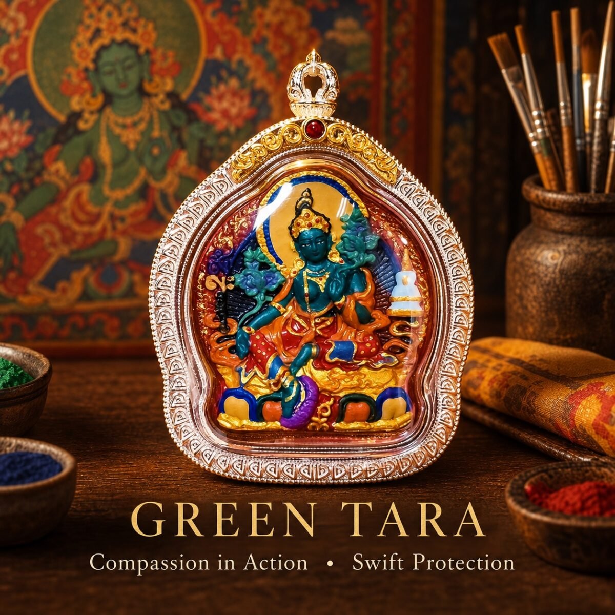Tibetan Hand-Painted Ghau Pendant — 7 Sacred Motifs