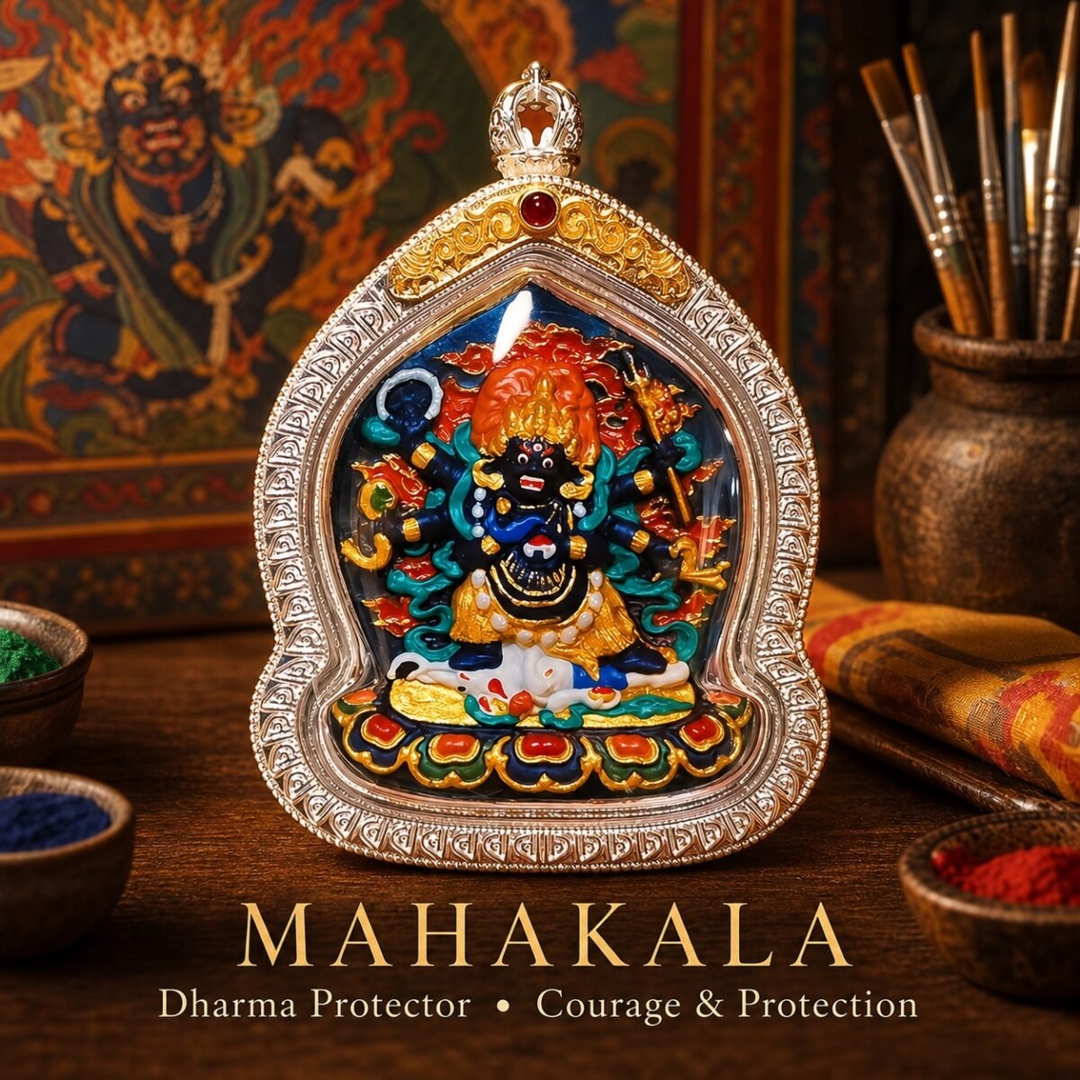 Tibetan Hand-Painted Ghau Pendant — 7 Sacred Motifs