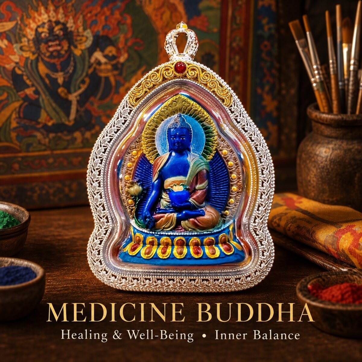 Tibetan Hand-Painted Ghau Pendant — 7 Sacred Motifs