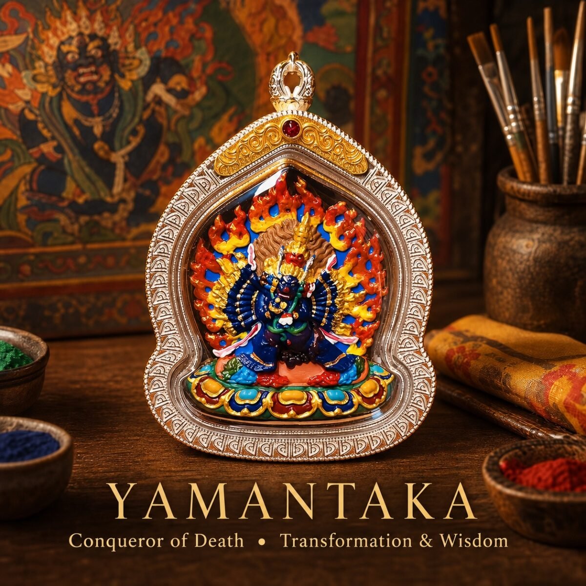 Tibetan Hand-Painted Ghau Pendant — 7 Sacred Motifs