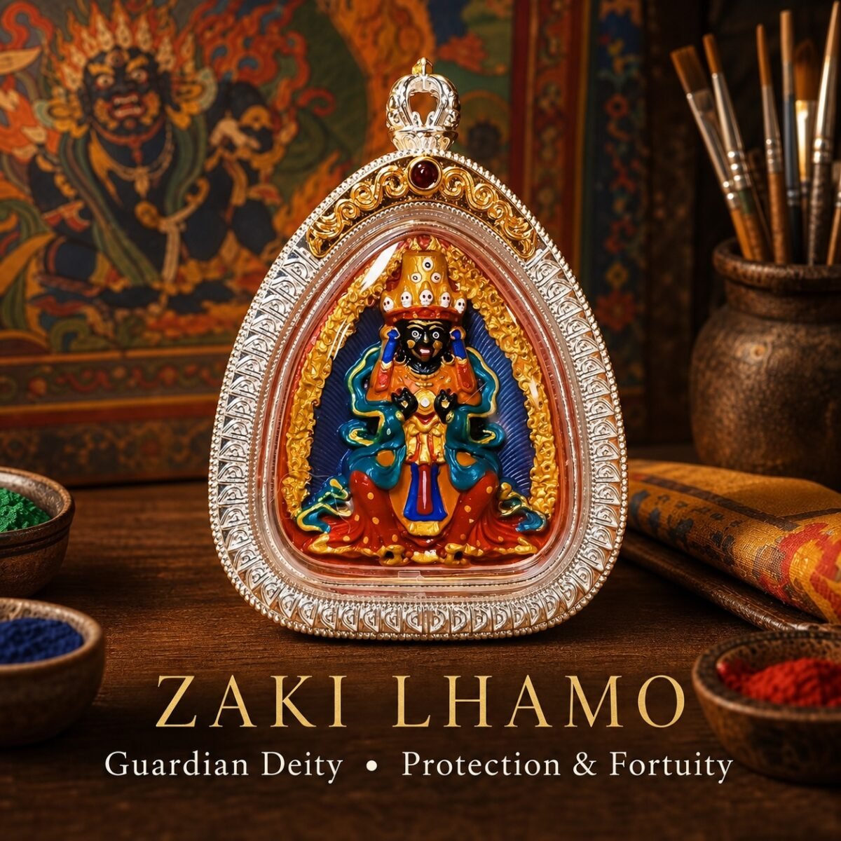Tibetan Hand-Painted Ghau Pendant — 7 Sacred Motifs