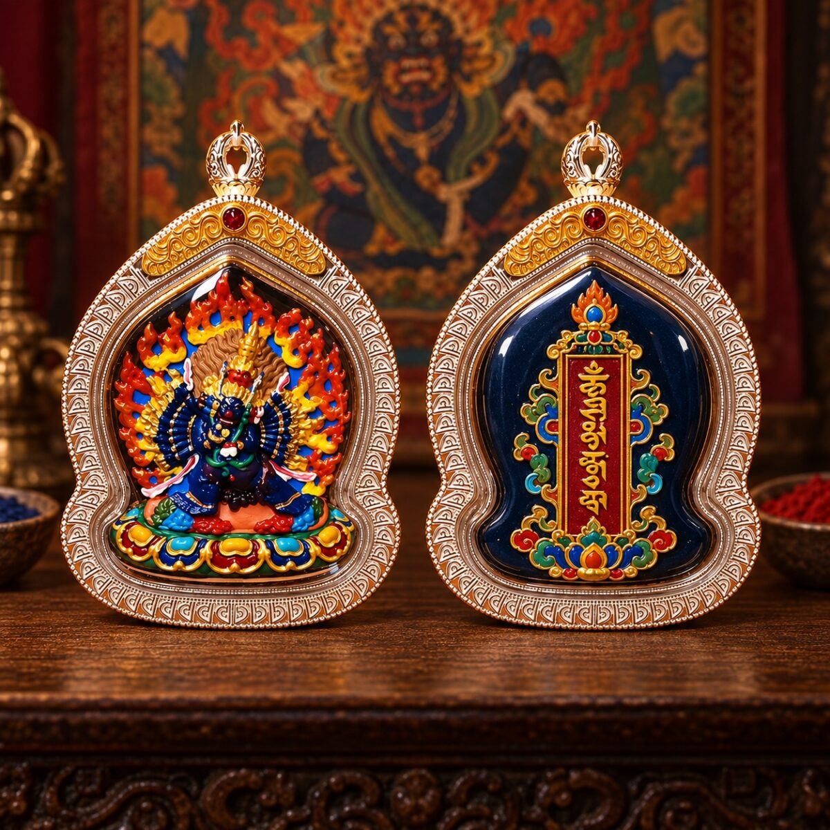 Tibetan Ghau Pendant with hand-painted tsa-tsa relief and Tibetan-silver-style case