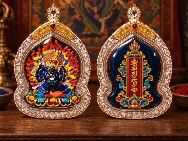 Tibetan Ghau Pendant with hand-painted tsa-tsa relief and Tibetan-silver-style case