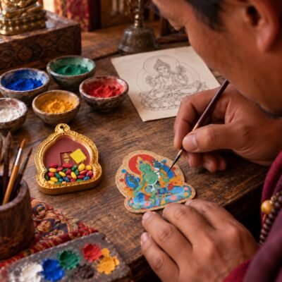 tibetan-style-painted-mini-shrine-pendant-artisan-painting-green-tara-thangka Tibetan Hand-Painted Mini Shrine Pendant