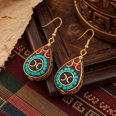tibetan-teardrop-turquoise-inlay-earrings-04-turquoise-om-main Tibetan Teardrop Turquoise Inlay Earrings