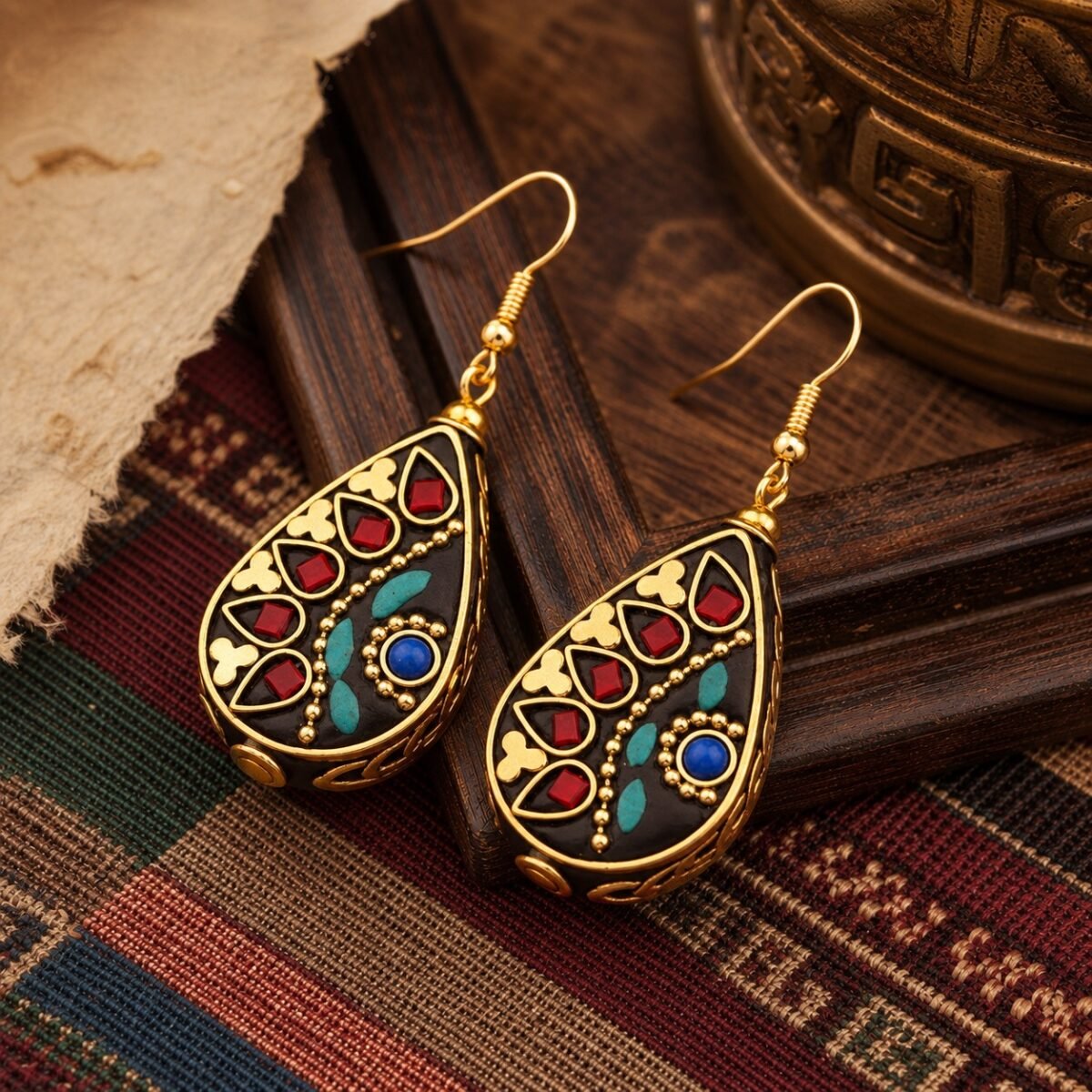 tibetan-teardrop-turquoise-inlay-earrings-05-blue-center-main Tibetan Teardrop Turquoise Inlay Earrings