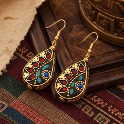 tibetan-teardrop-turquoise-inlay-earrings-05-blue-center-main Tibetan Teardrop Turquoise Inlay Earrings