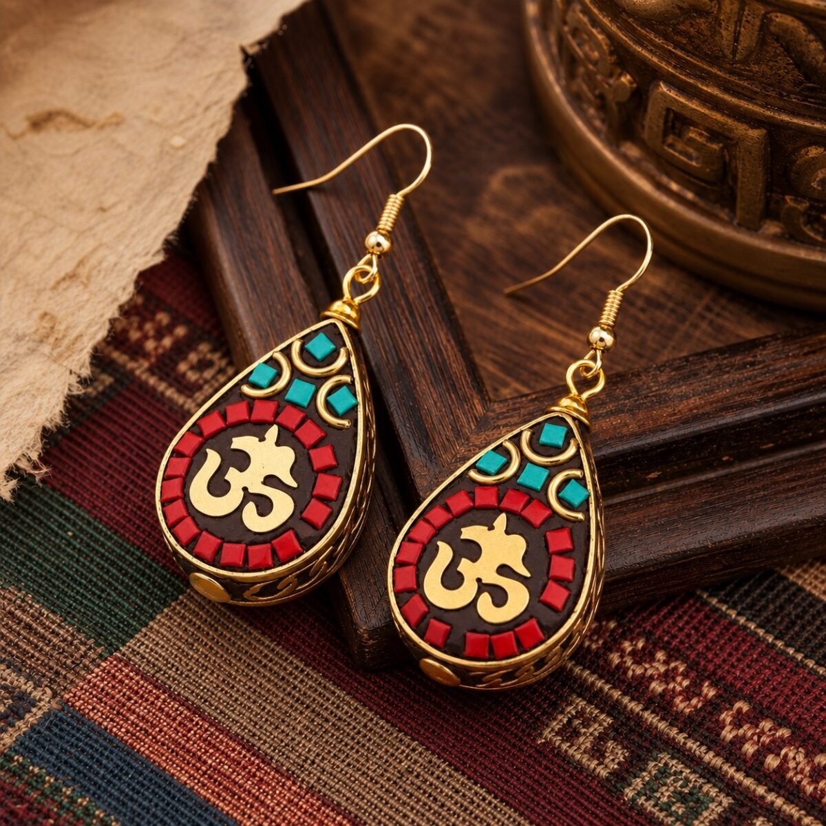 tibetan-teardrop-turquoise-inlay-earrings-06-red-om-main Tibetan Teardrop Turquoise Inlay Earrings