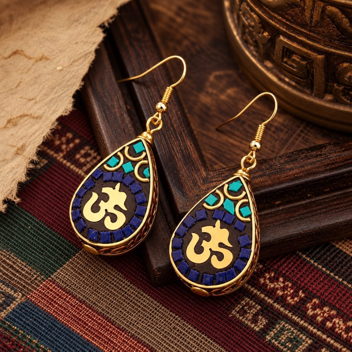 tibetan-teardrop-turquoise-inlay-earrings-07-blue-om-main Tibetan Teardrop Turquoise Inlay Earrings