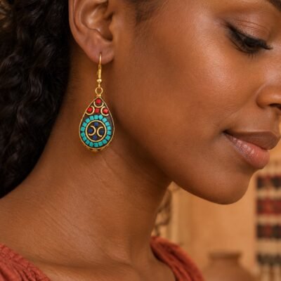 tibetan-teardrop-turquoise-inlay-earrings-09-worn-turquoise-om Tibetan Teardrop Turquoise Inlay Earrings