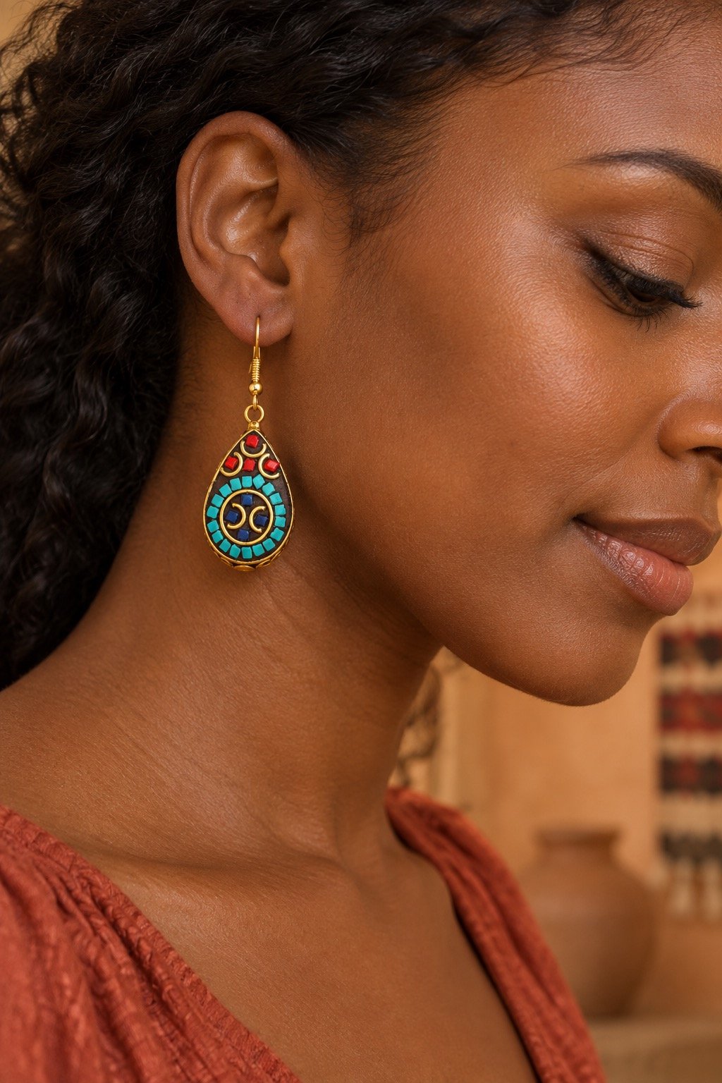 tibetan-teardrop-turquoise-inlay-earrings-09-worn-turquoise-om Tibetan Teardrop Turquoise Inlay Earrings