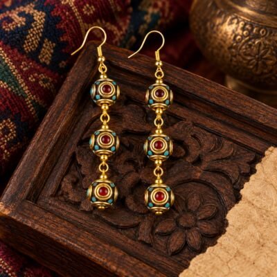 Tibetan Three-Bead Chain Drop Earrings