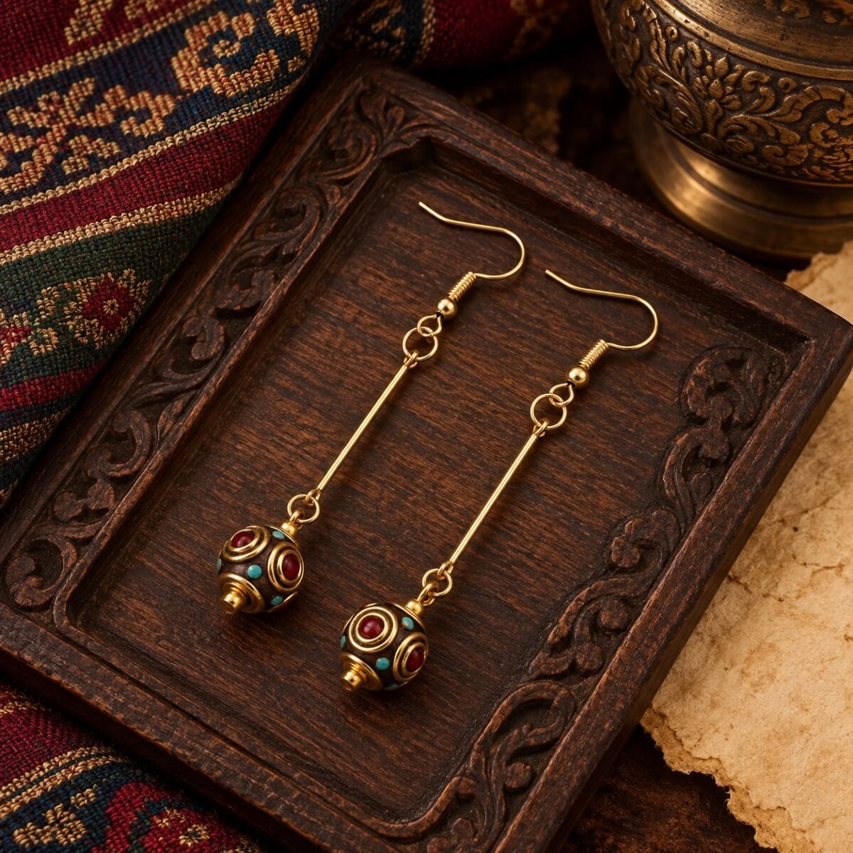 Tibetan Three-Bead Chain Drop Earrings