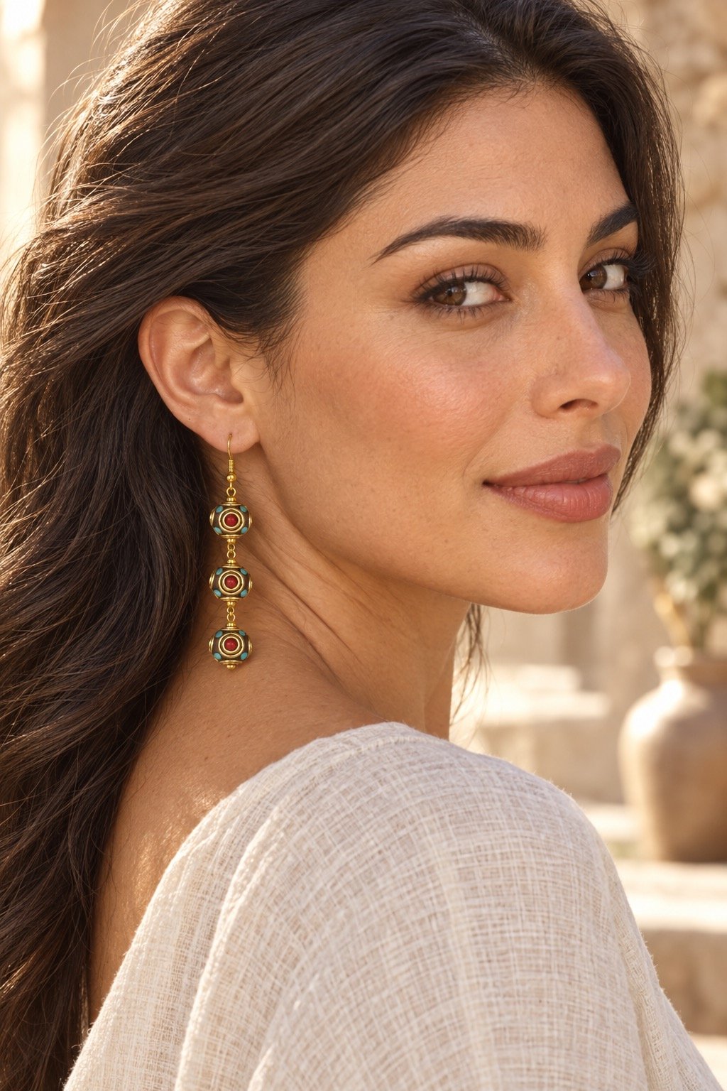 Tibetan Three-Bead Chain Drop Earrings