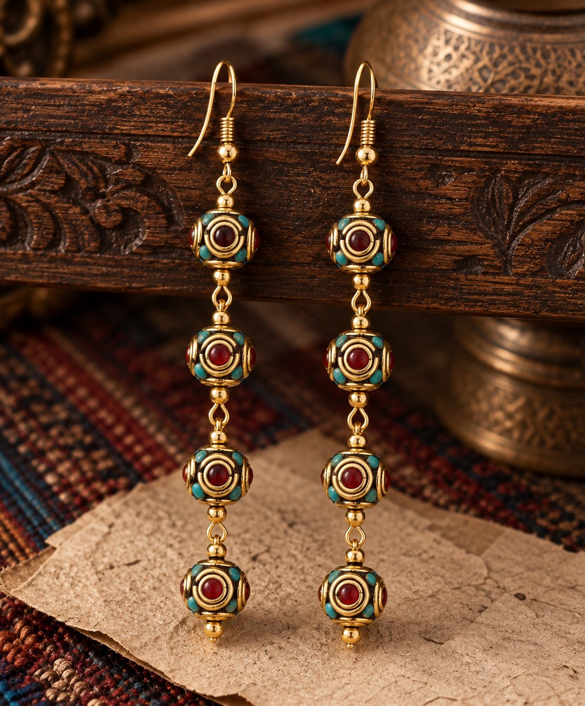 Tibetan Three-Bead Chain Drop Earrings