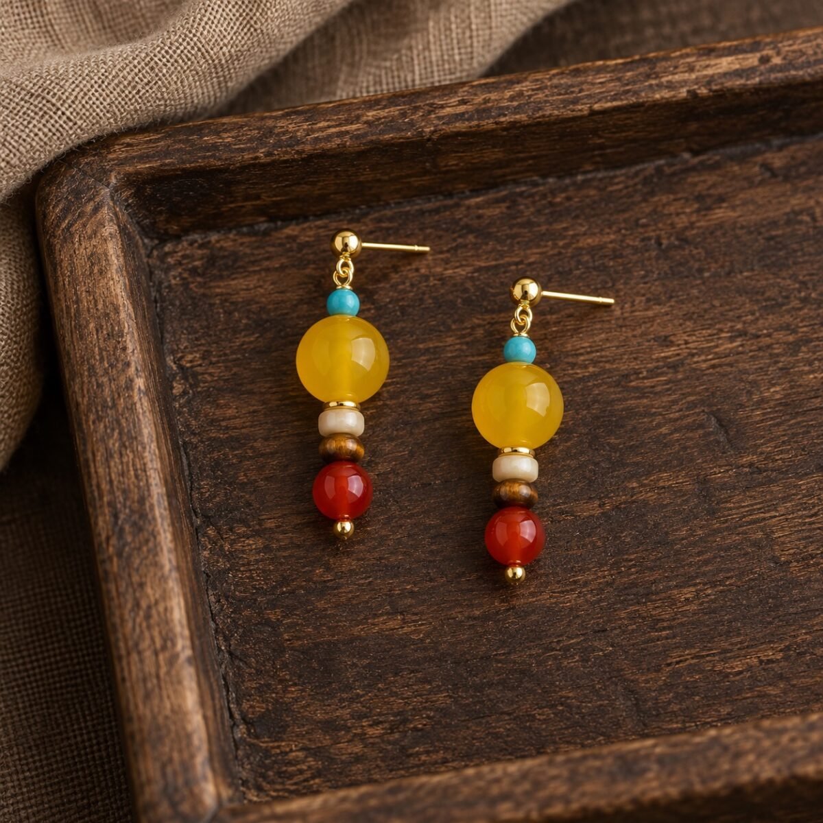 Tibetan Golden Jade Gemstone Drop Earrings with colorful bead accents