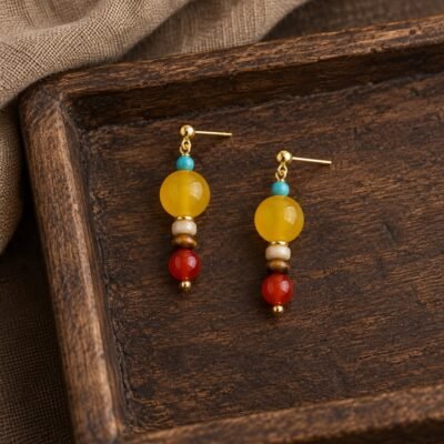 Tibetan Golden Jade Gemstone Drop Earrings with colorful bead accents