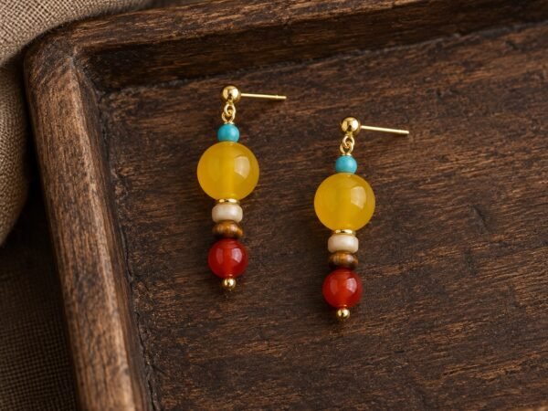 Tibetan Golden Jade Gemstone Drop Earrings with colorful bead accents